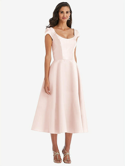 【STYLE: D798】Puff Cap Sleeve Full Skirt Satin Midi Dress【COLOR: Blush】