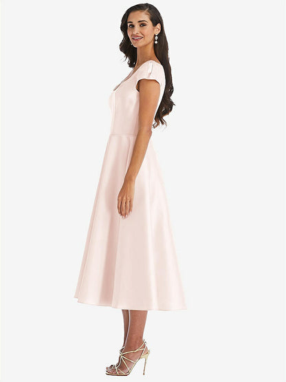 【STYLE: D798】Puff Cap Sleeve Full Skirt Satin Midi Dress【COLOR: Blush】