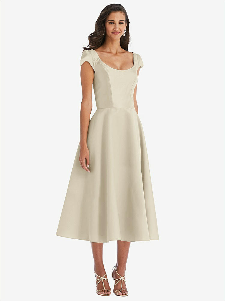 【STYLE: D798】Puff Cap Sleeve Full Skirt Satin Midi Dress【COLOR: Champagne】