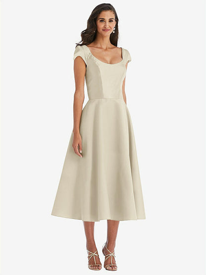 【STYLE: D798】Puff Cap Sleeve Full Skirt Satin Midi Dress【COLOR: Champagne】