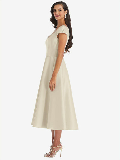 【STYLE: D798】Puff Cap Sleeve Full Skirt Satin Midi Dress【COLOR: Champagne】