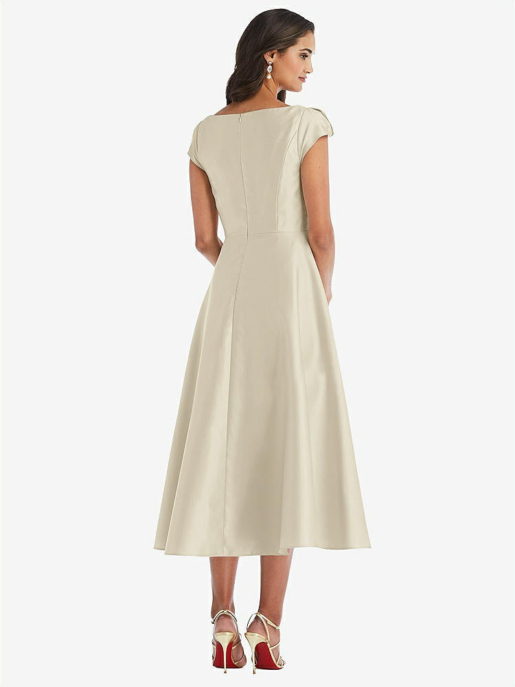 【STYLE: D798】Puff Cap Sleeve Full Skirt Satin Midi Dress【COLOR: Champagne】