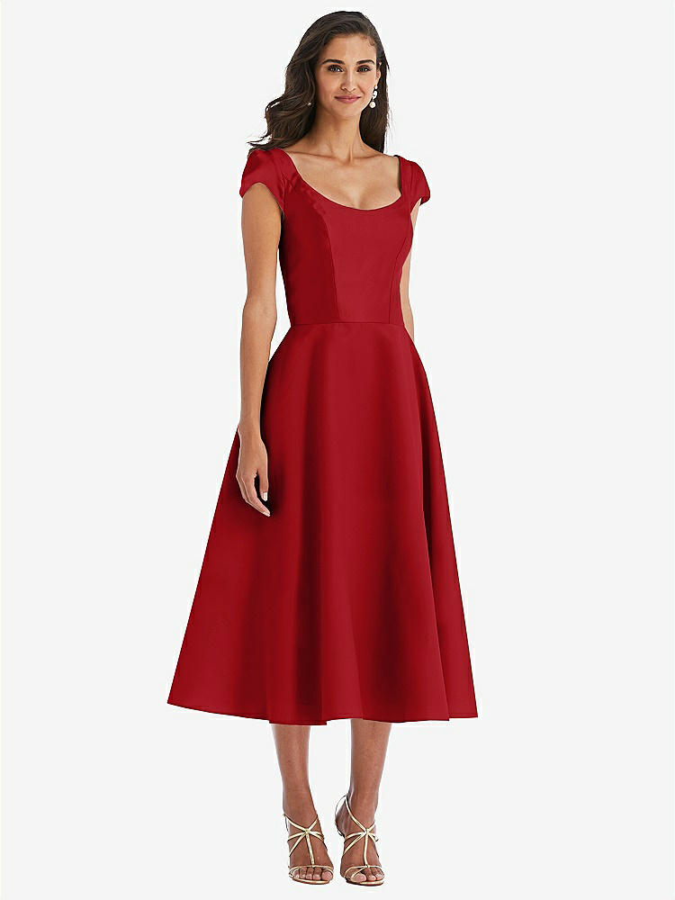 【STYLE: D798】Puff Cap Sleeve Full Skirt Satin Midi Dress【COLOR: Garnet】