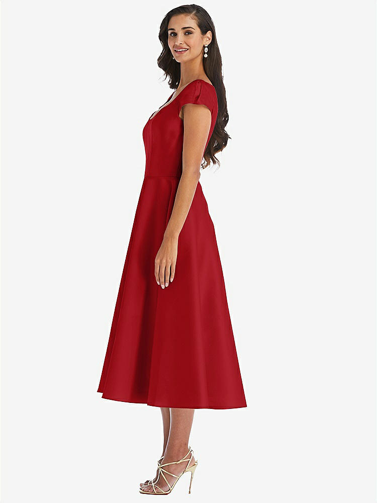 【STYLE: D798】Puff Cap Sleeve Full Skirt Satin Midi Dress【COLOR: Garnet】