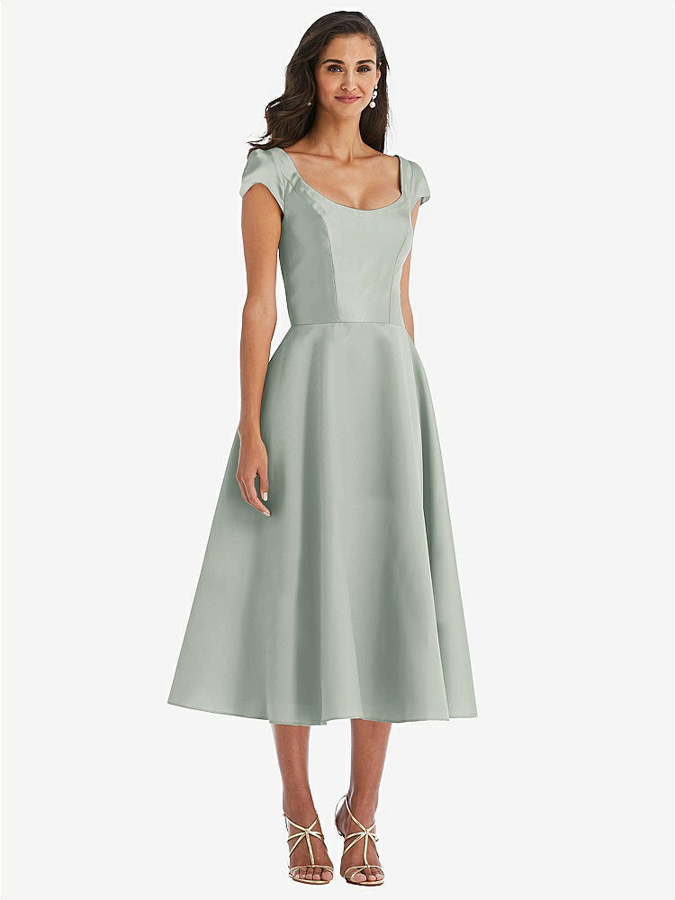 【STYLE: D798】Puff Cap Sleeve Full Skirt Satin Midi Dress【COLOR: Willow Green】