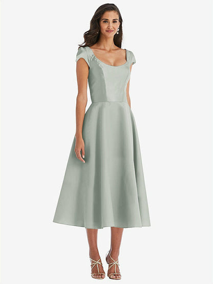 【STYLE: D798】Puff Cap Sleeve Full Skirt Satin Midi Dress【COLOR: Willow Green】