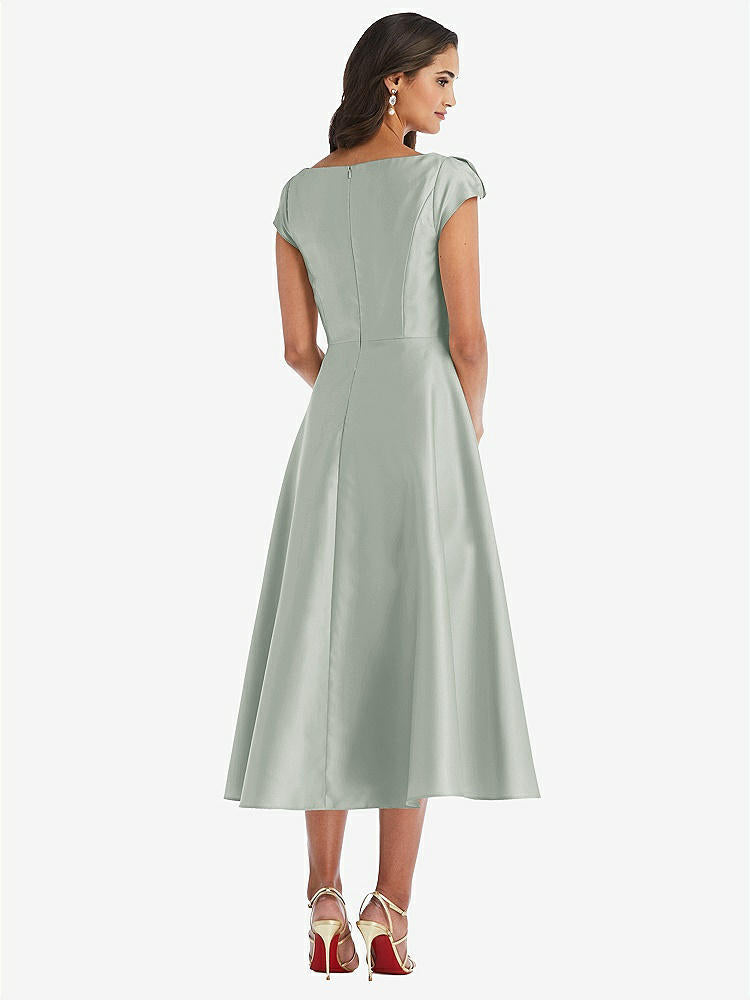 【STYLE: D798】Puff Cap Sleeve Full Skirt Satin Midi Dress【COLOR: Willow Green】