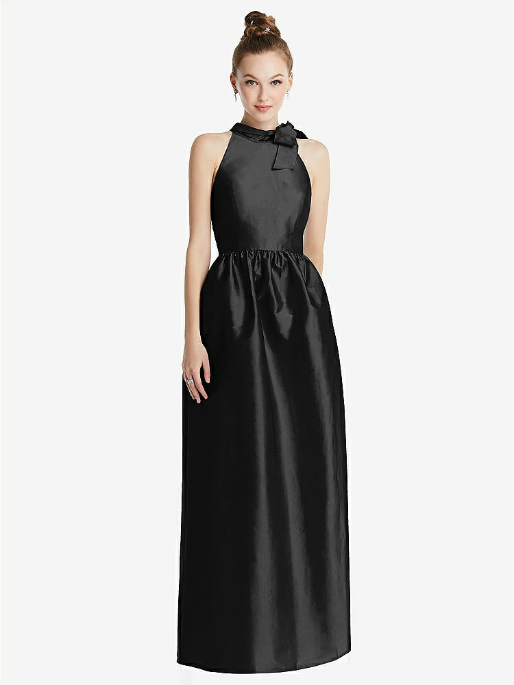 【STYLE: TH076】Bowed High-Neck Full Skirt Maxi Dress with Pockets【COLOR: Black】