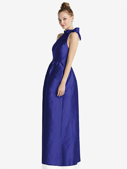 【STYLE: TH076】Bowed High-Neck Full Skirt Maxi Dress with Pockets【COLOR: Electric Blue】