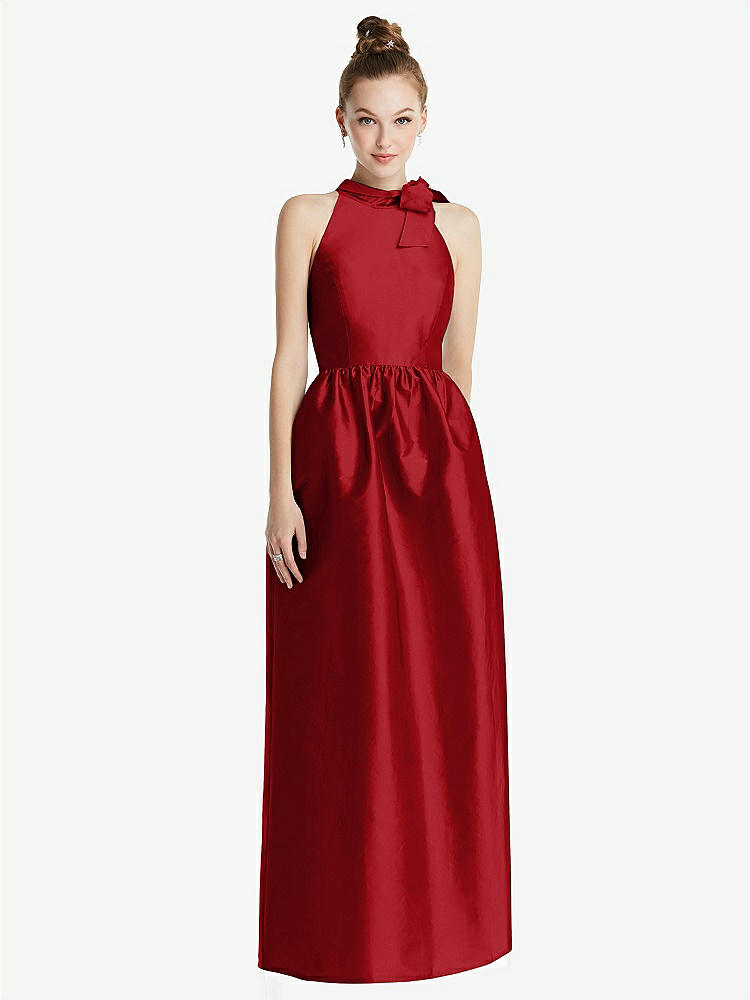 【STYLE: TH076】Bowed High-Neck Full Skirt Maxi Dress with Pockets【COLOR: Garnet】