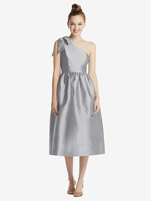 【STYLE: TH079】Bowed One-Shoulder Full Skirt Midi Dress with Pockets【COLOR: French Gray】
