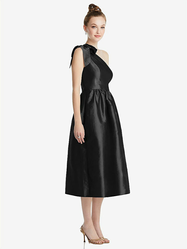 【STYLE: TH079】Bowed One-Shoulder Full Skirt Midi Dress with Pockets【COLOR: Black】