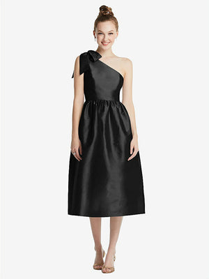 【STYLE: TH079】Bowed One-Shoulder Full Skirt Midi Dress with Pockets【COLOR: Black】