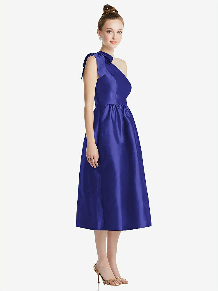 【STYLE: TH079】Bowed One-Shoulder Full Skirt Midi Dress with Pockets【COLOR: Electric Blue】