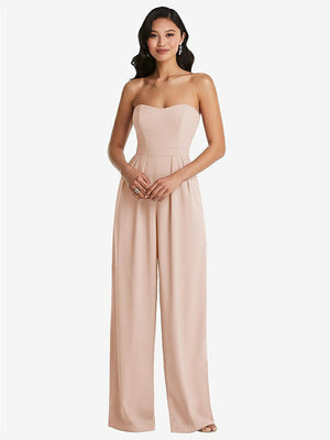 【STYLE: 6833】Strapless Pleated Front Jumpsuit with Pockets【COLOR: Cameo】
