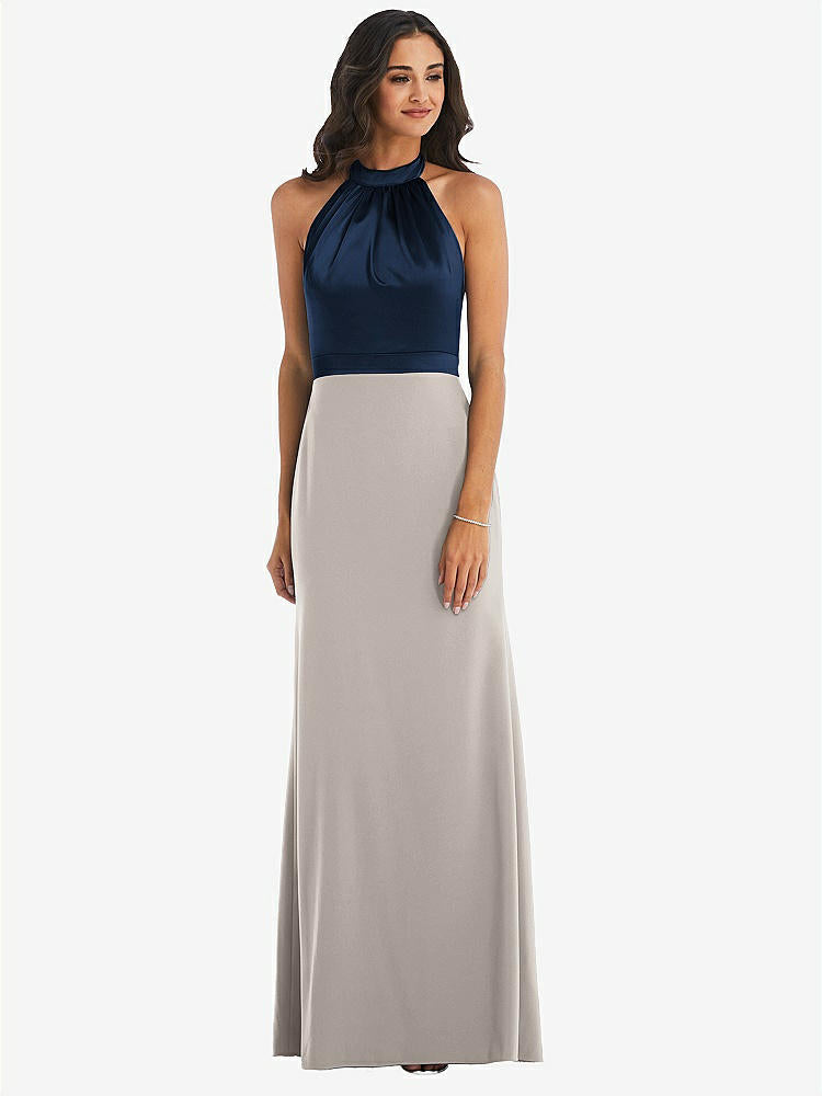 【STYLE: 6834】High-Neck Open-Back Maxi Dress with Scarf Tie【COLOR: Taupe &amp; Midnight Navy】