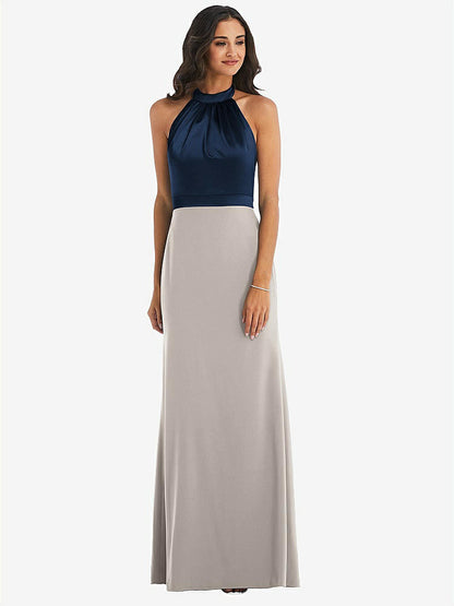 【STYLE: 6834】High-Neck Open-Back Maxi Dress with Scarf Tie【COLOR: Taupe &amp; Midnight Navy】