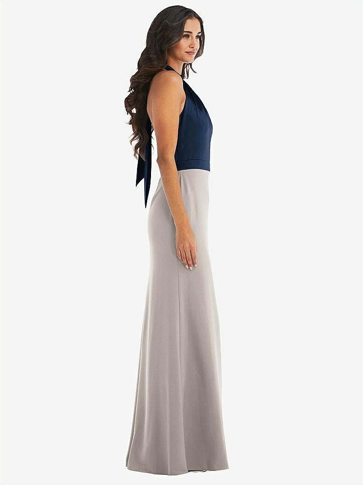 【STYLE: 6834】High-Neck Open-Back Maxi Dress with Scarf Tie【COLOR: Taupe &amp; Midnight Navy】