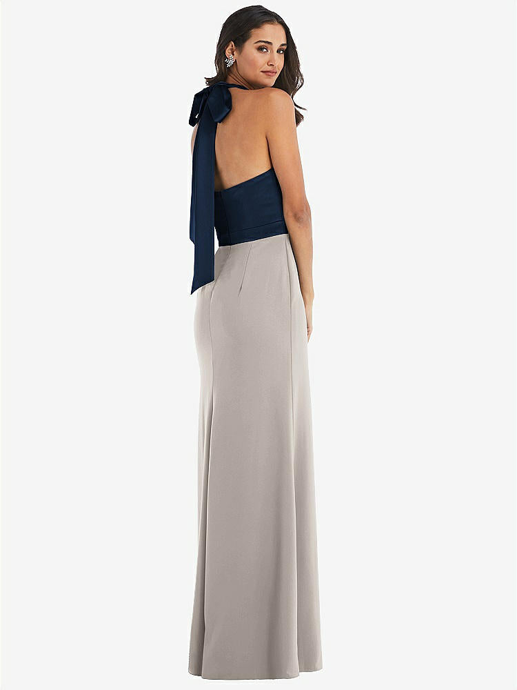 【STYLE: 6834】High-Neck Open-Back Maxi Dress with Scarf Tie【COLOR: Taupe &amp; Midnight Navy】