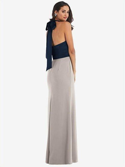 【STYLE: 6834】High-Neck Open-Back Maxi Dress with Scarf Tie【COLOR: Taupe &amp; Midnight Navy】