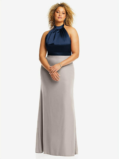 【STYLE: 6834】High-Neck Open-Back Maxi Dress with Scarf Tie【COLOR: Taupe &amp; Midnight Navy】