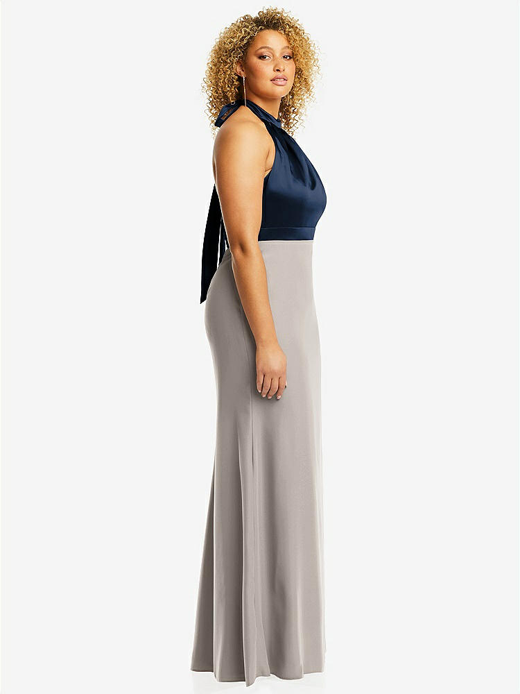 【STYLE: 6834】High-Neck Open-Back Maxi Dress with Scarf Tie【COLOR: Taupe &amp; Midnight Navy】