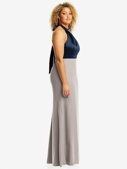 【STYLE: 6834】High-Neck Open-Back Maxi Dress with Scarf Tie【COLOR: Taupe &amp; Midnight Navy】
