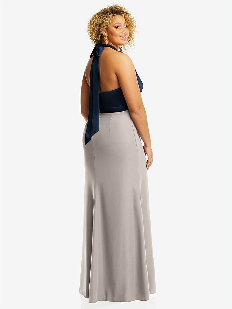 【STYLE: 6834】High-Neck Open-Back Maxi Dress with Scarf Tie【COLOR: Taupe &amp; Midnight Navy】