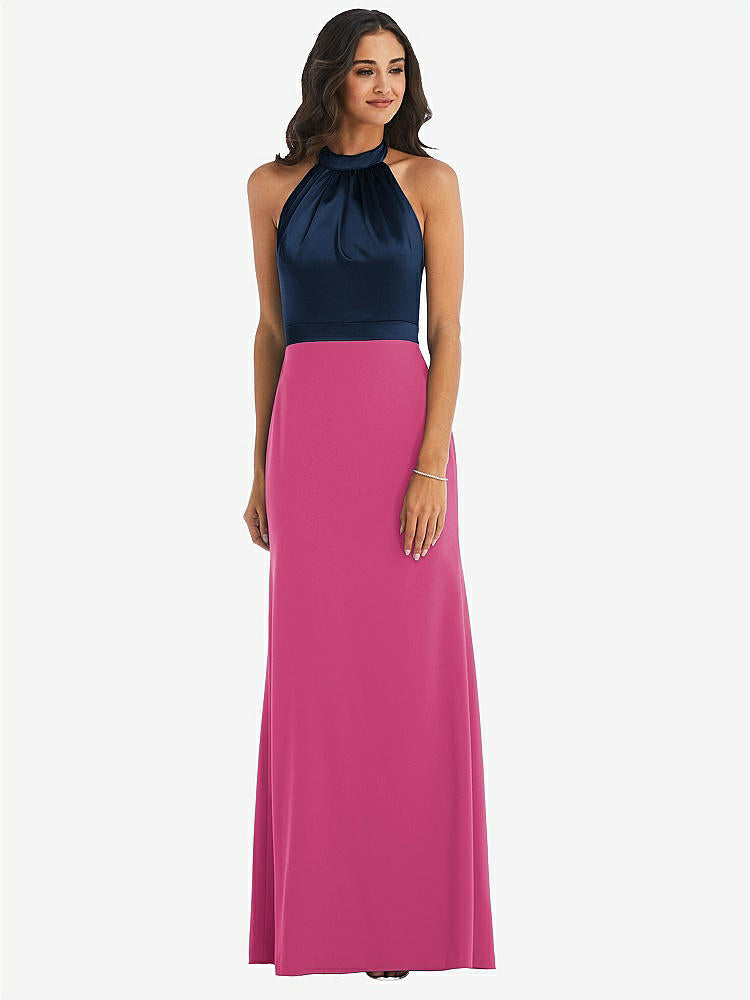 【STYLE: 6834】High-Neck Open-Back Maxi Dress with Scarf Tie【COLOR: Tea Rose &amp; Midnight Navy】