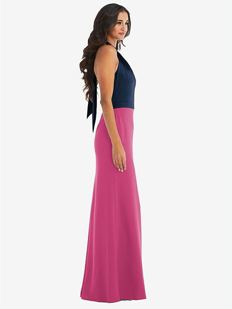 【STYLE: 6834】High-Neck Open-Back Maxi Dress with Scarf Tie【COLOR: Tea Rose &amp; Midnight Navy】
