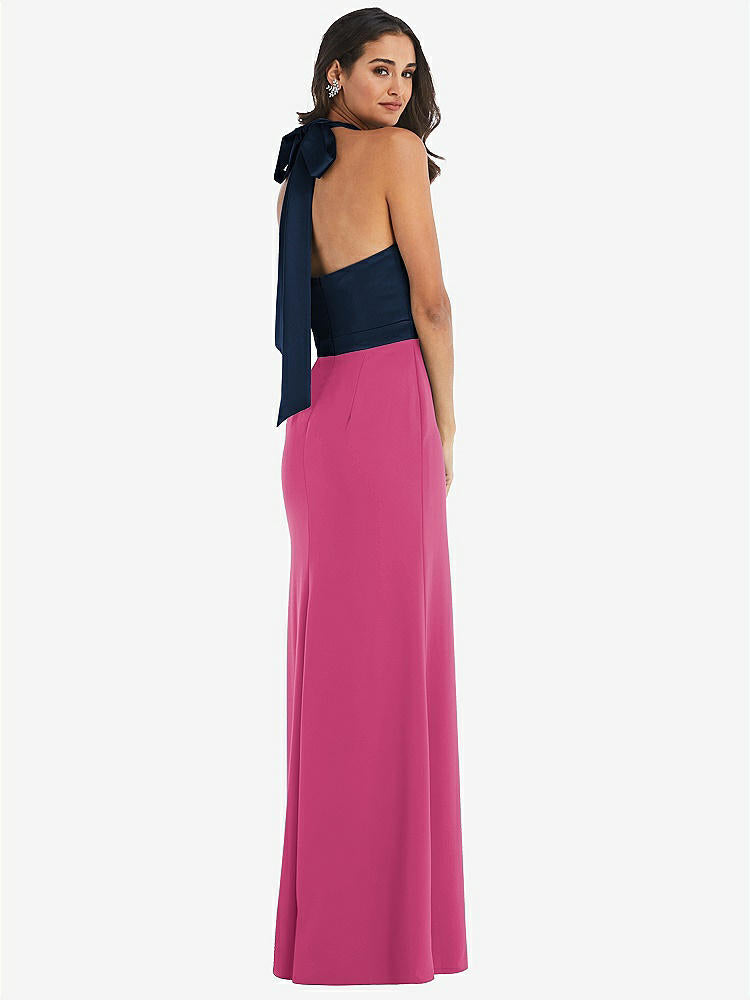 【STYLE: 6834】High-Neck Open-Back Maxi Dress with Scarf Tie【COLOR: Tea Rose &amp; Midnight Navy】