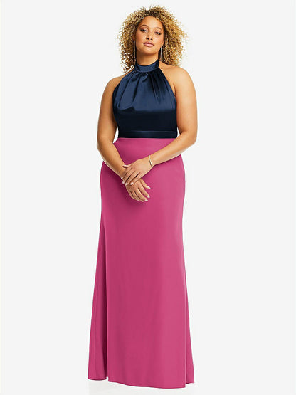 【STYLE: 6834】High-Neck Open-Back Maxi Dress with Scarf Tie【COLOR: Tea Rose &amp; Midnight Navy】