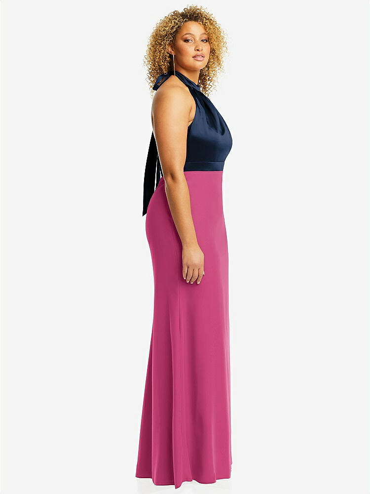 【STYLE: 6834】High-Neck Open-Back Maxi Dress with Scarf Tie【COLOR: Tea Rose &amp; Midnight Navy】