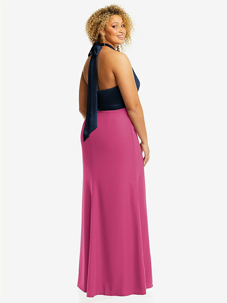 【STYLE: 6834】High-Neck Open-Back Maxi Dress with Scarf Tie【COLOR: Tea Rose &amp; Midnight Navy】