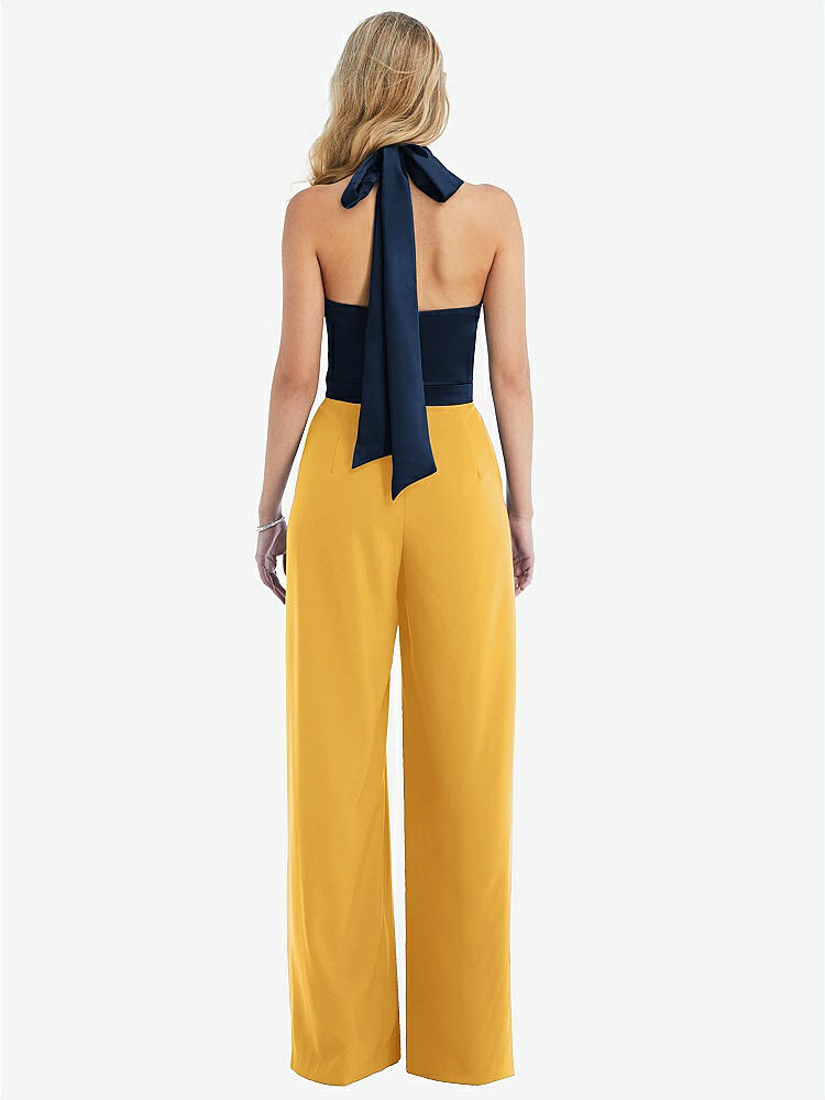 【STYLE: 6835】High-Neck Open-Back Jumpsuit with Scarf Tie【COLOR: NYC Yellow &amp; Midnight Navy】