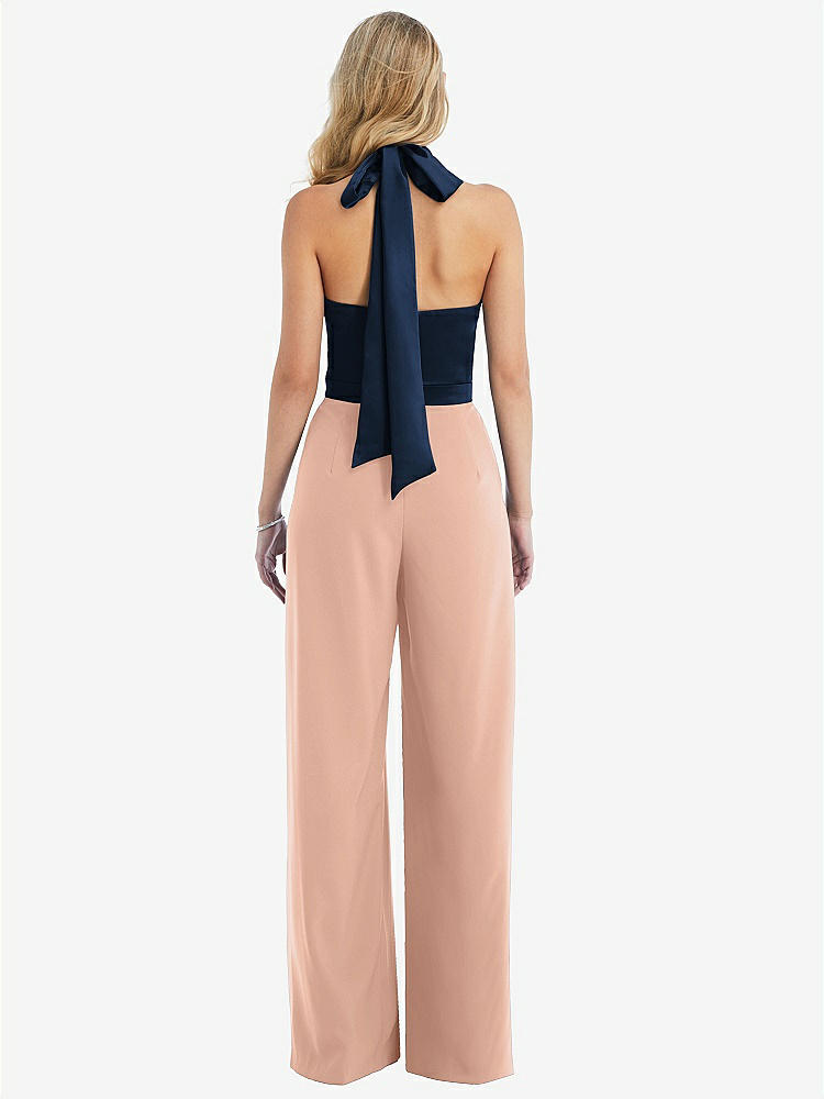 【STYLE: 6835】High-Neck Open-Back Jumpsuit with Scarf Tie【COLOR: Pale Peach &amp; Midnight Navy】