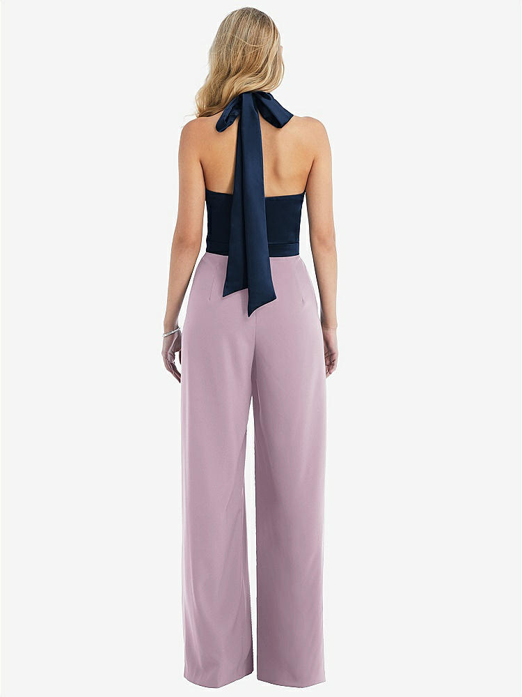 【STYLE: 6835】High-Neck Open-Back Jumpsuit with Scarf Tie【COLOR: Suede Rose &amp; Midnight Navy】