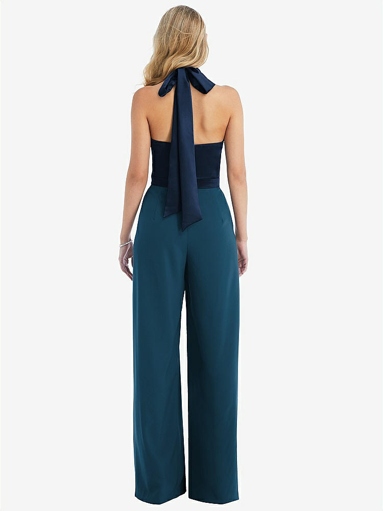 【STYLE: 6835】High-Neck Open-Back Jumpsuit with Scarf Tie【COLOR: Atlantic Blue &amp; Midnight Navy】