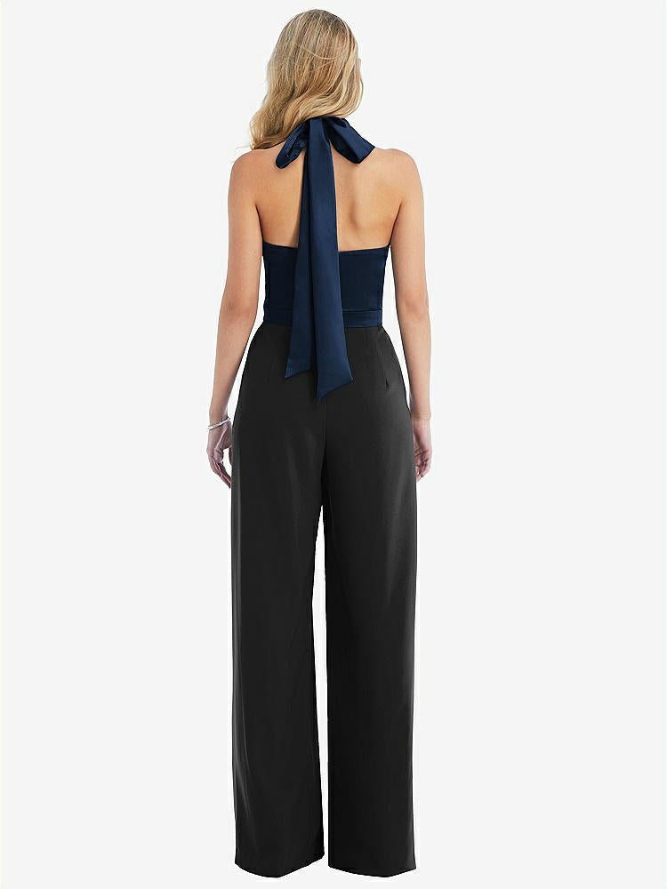 【STYLE: 6835】High-Neck Open-Back Jumpsuit with Scarf Tie【COLOR: Black &amp; Midnight Navy】