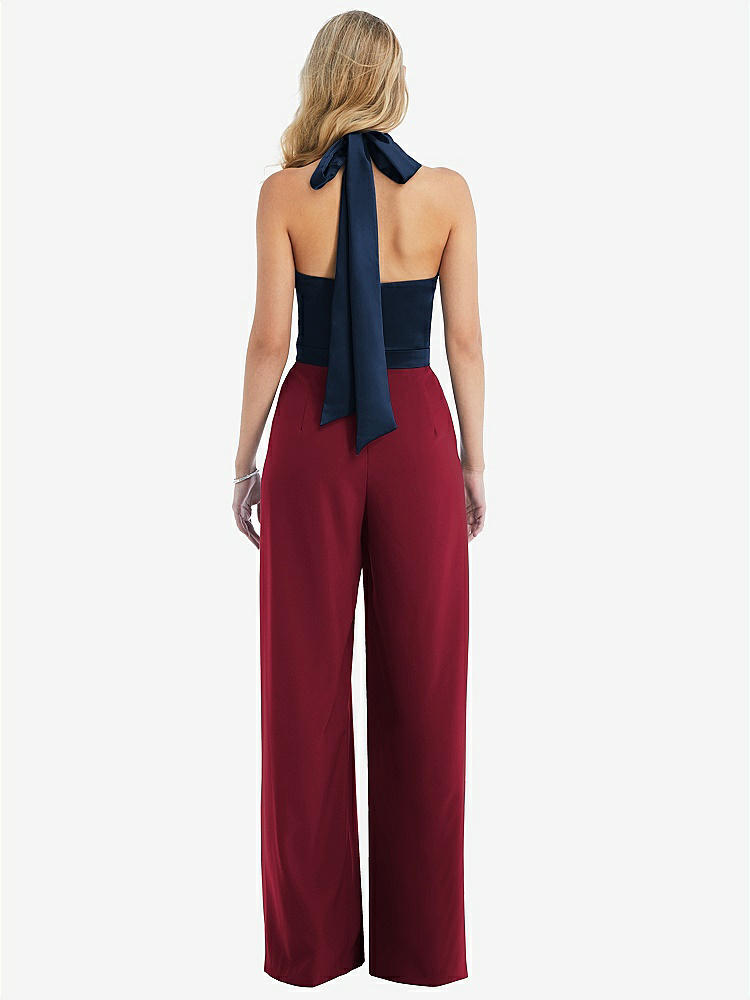 【STYLE: 6835】High-Neck Open-Back Jumpsuit with Scarf Tie【COLOR: Burgundy &amp; Midnight Navy】