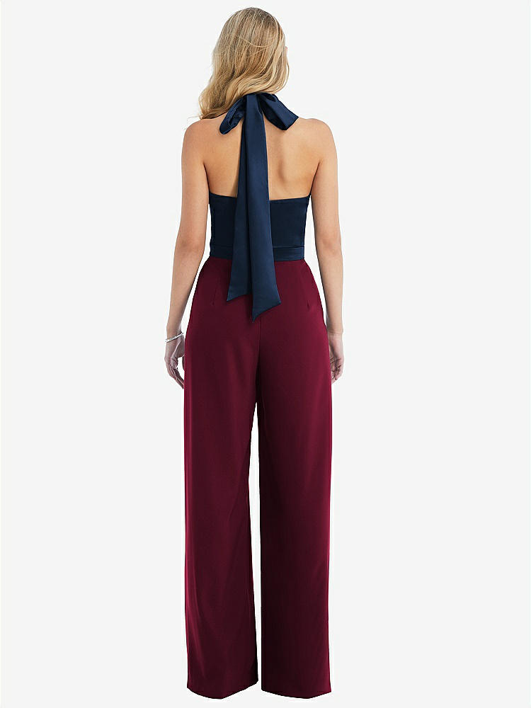 【STYLE: 6835】High-Neck Open-Back Jumpsuit with Scarf Tie【COLOR: Cabernet &amp; Midnight Navy】