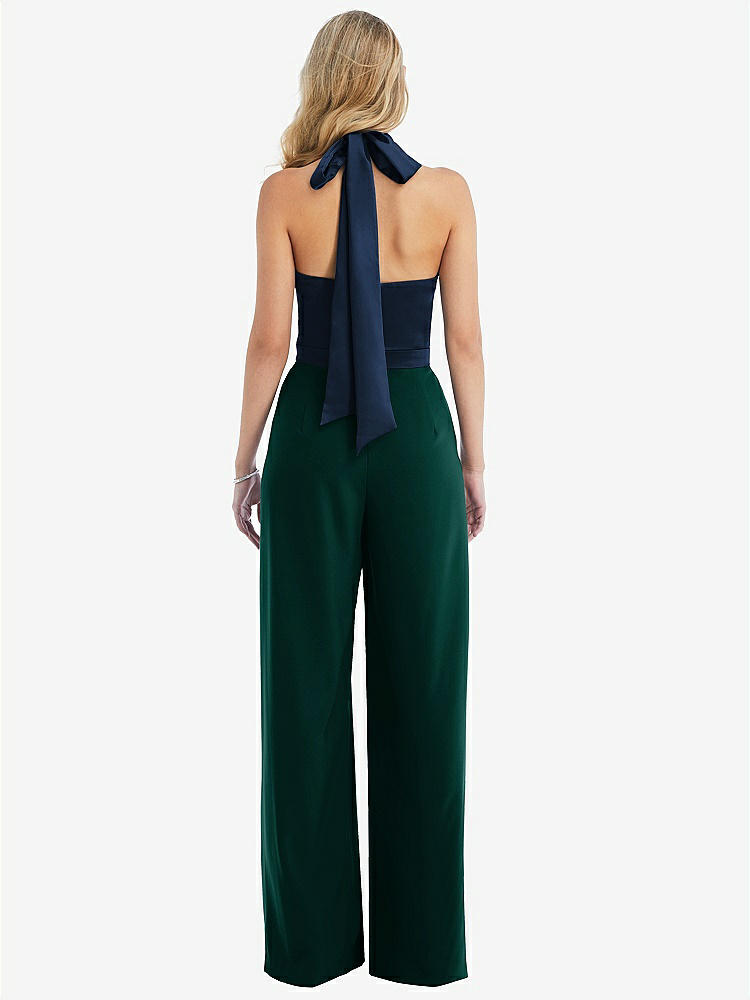 【STYLE: 6835】High-Neck Open-Back Jumpsuit with Scarf Tie【COLOR: Evergreen &amp; Midnight Navy】