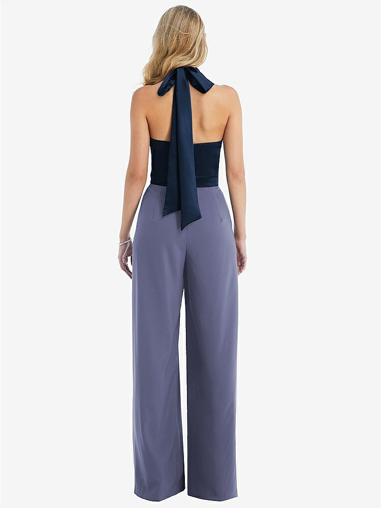 【STYLE: 6835】High-Neck Open-Back Jumpsuit with Scarf Tie【COLOR: French Blue &amp; Midnight Navy】