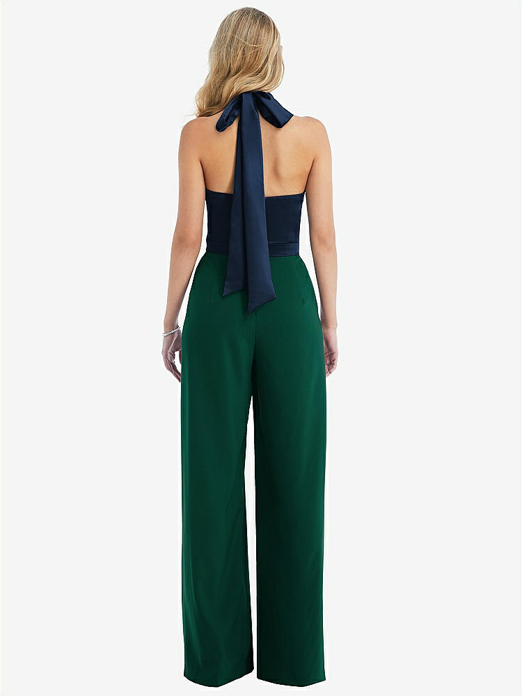 【STYLE: 6835】High-Neck Open-Back Jumpsuit with Scarf Tie【COLOR: Hunter Green &amp; Midnight Navy】