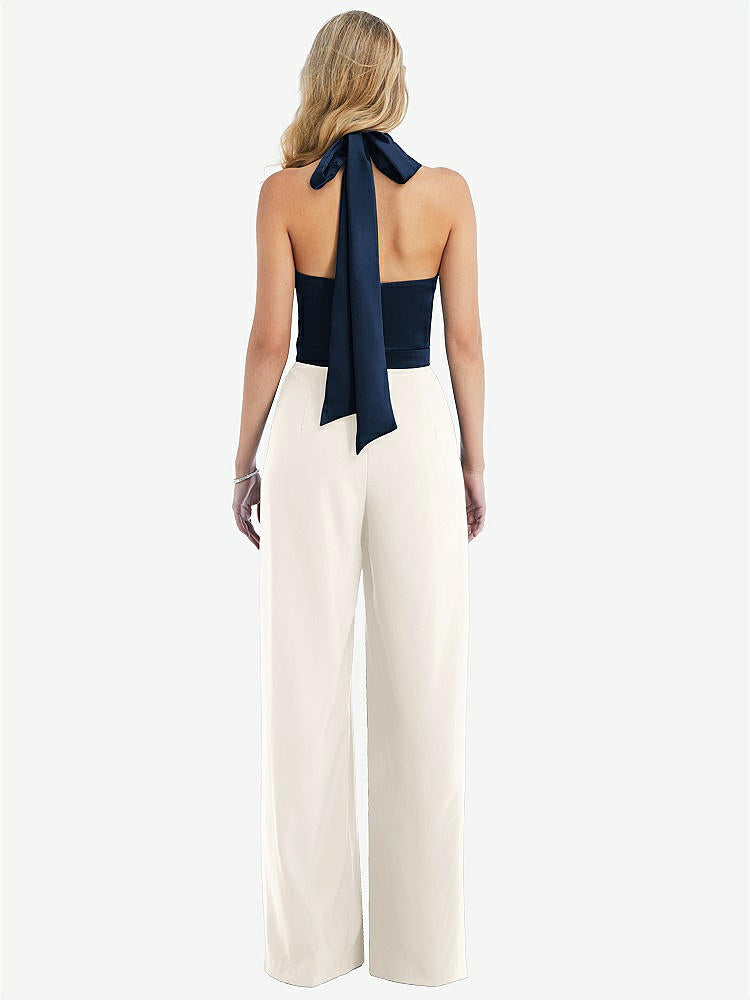 【STYLE: 6835】High-Neck Open-Back Jumpsuit with Scarf Tie【COLOR: Ivory &amp; Midnight Navy】