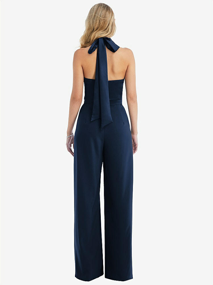 【STYLE: 6835】High-Neck Open-Back Jumpsuit with Scarf Tie【COLOR: Midnight Navy &amp; Midnight Navy】