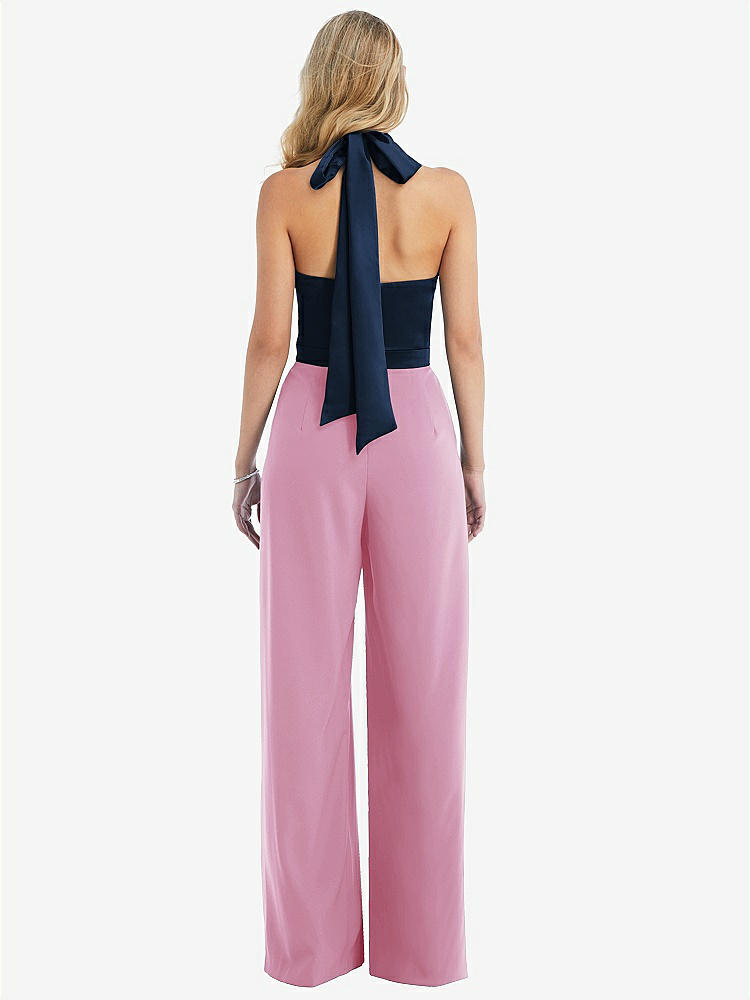 【STYLE: 6835】High-Neck Open-Back Jumpsuit with Scarf Tie【COLOR: Powder Pink &amp; Midnight Navy】