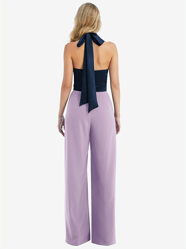 【STYLE: 6835】High-Neck Open-Back Jumpsuit with Scarf Tie【COLOR: Pale Purple &amp; Midnight Navy】