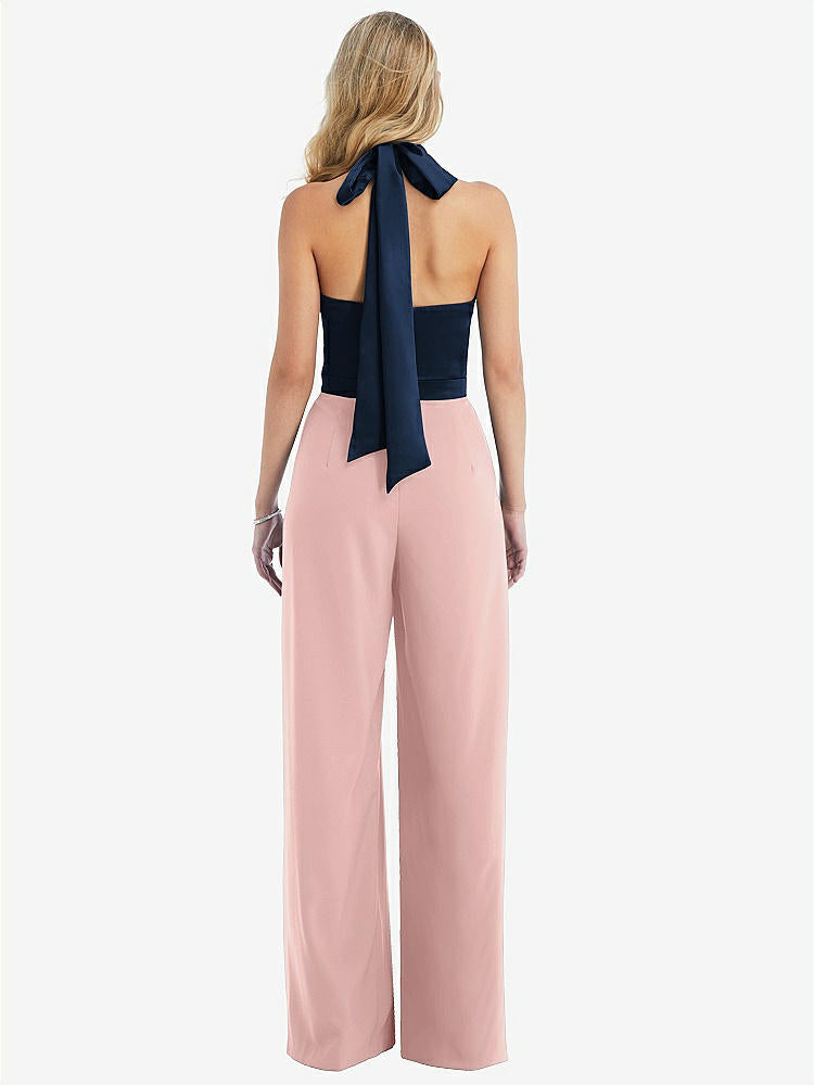 【STYLE: 6835】High-Neck Open-Back Jumpsuit with Scarf Tie【COLOR: Rose - PANTONE Rose Quartz &amp; Midnight Navy】