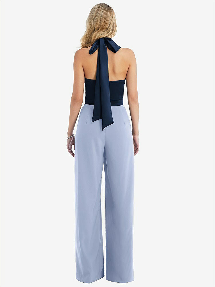 【STYLE: 6835】High-Neck Open-Back Jumpsuit with Scarf Tie【COLOR: Sky Blue &amp; Midnight Navy】